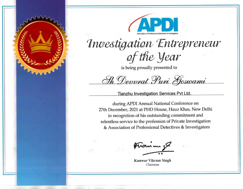 APDI Investigation Entrepreneur of the Year is being proudly presented to Sh. Devvrat Puri Goswami, Tianzhu investigative services pvt ltd.