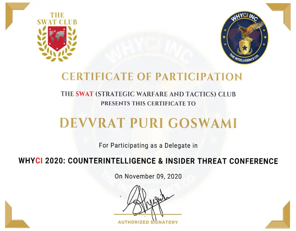 Certificate of Participation The SWAT(Strategic Warfare and Tactics ) Club Presents This Certificate to Devvrat Puri Goswami.
