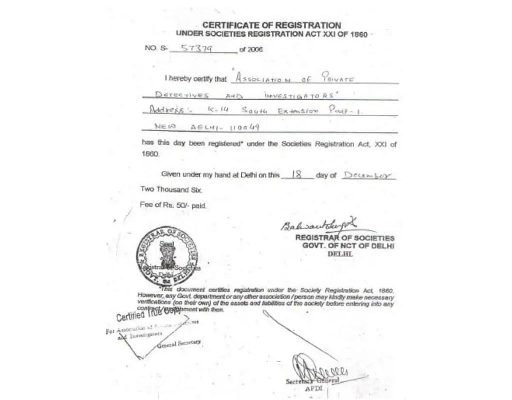 Certificate of Registration Under Societies Registration Act xxi of 1860.