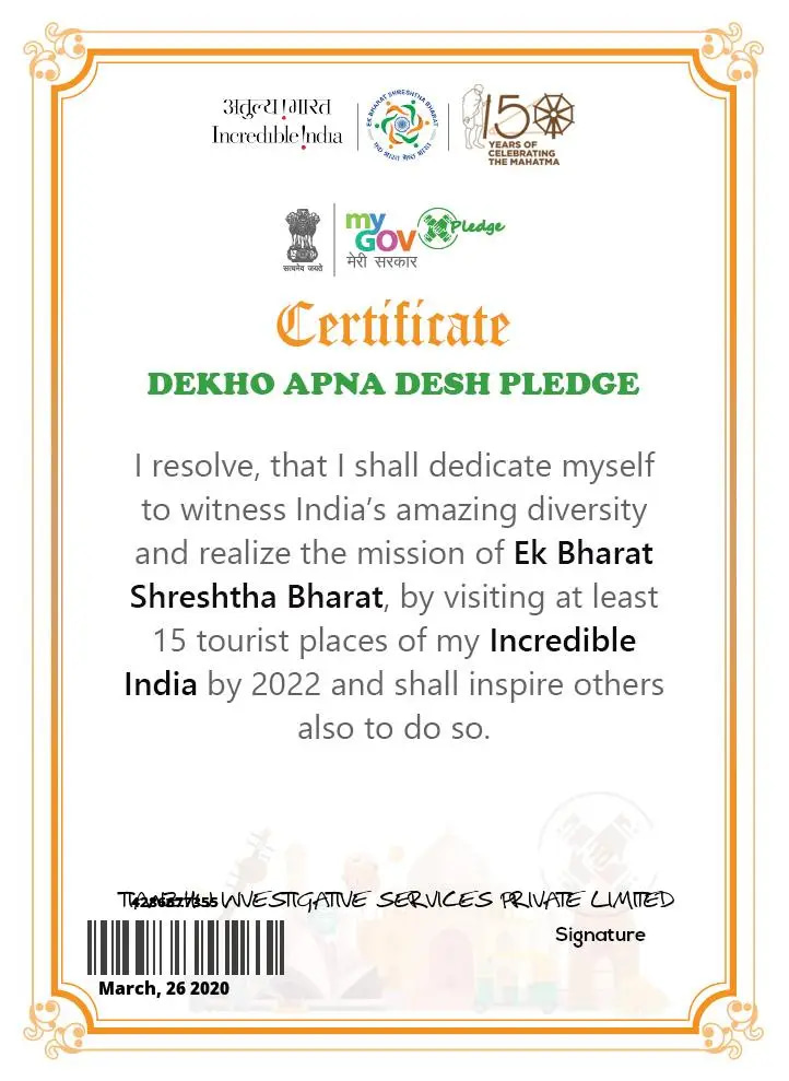 Certificate Dekho Apna Desh Pledge.