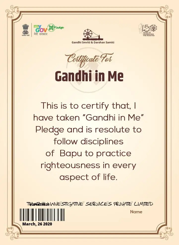 Certificate for Gandhi in Me.