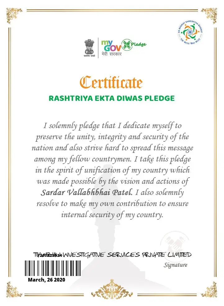 Certificate Rashtriya Ekta Diwas Pledge, Tianzhu Investigative Services Private Limited.
