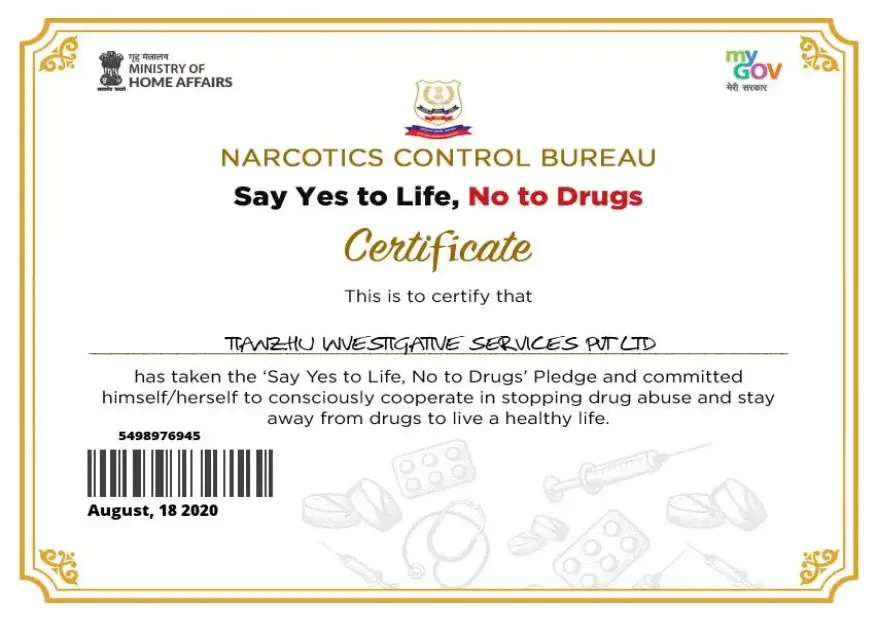 Certificate of Say yes to Life. This is to certify that Tianzhu Investigative Services Pvt. Ltd.