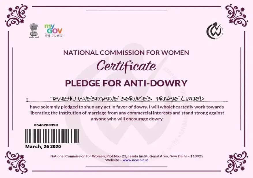National Commission for women Certificate Pledge for Anti-Dowry, Tianzhu investigative services private limited.