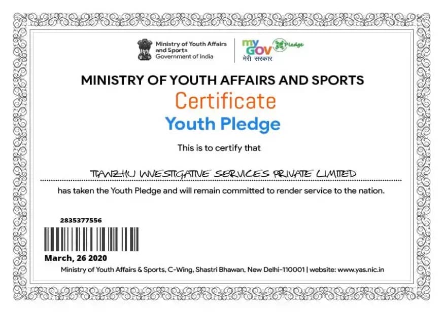 Certificate of Youth Pledge. This is to certify that Tianzhu Investigative Services Private Limited.