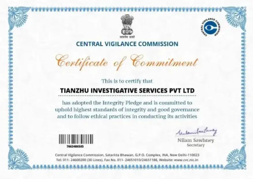 Certificate of Commitment, This is to certify that Tianzhu Investigative Services Pvt Ltd.